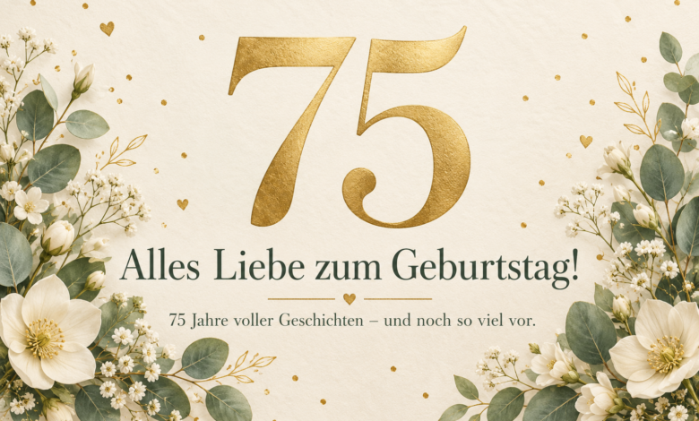 Glückwunsch zum 75. Geburtstag: goldene 75, Blumen und der Spruch „75 Jahre voller Geschichten – und noch so viel vor.“ [Bildinhalt mit KI erstellt]